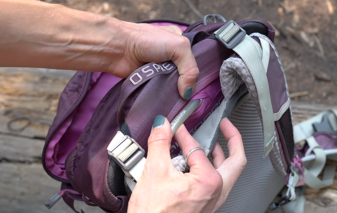 A typical backpack with a hydration pocket